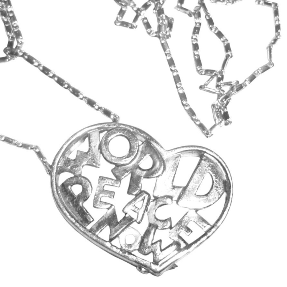 Vintage 24K White Gold Bonded World Peace Now Heart Pendant Necklace GB